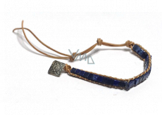 Kožený náramok z prírodného kameňa Lapis Lazuli, ručne vyrobený, zapínanie, štvorcový 4 x 4 mm / 14 + 6,5 mm, kameň harmónie