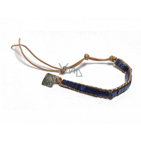 Kožený náramok z prírodného kameňa Lapis Lazuli, ručne vyrobený, zapínanie, štvorcový 4 x 4 mm / 14 + 6,5 mm, kameň harmónie