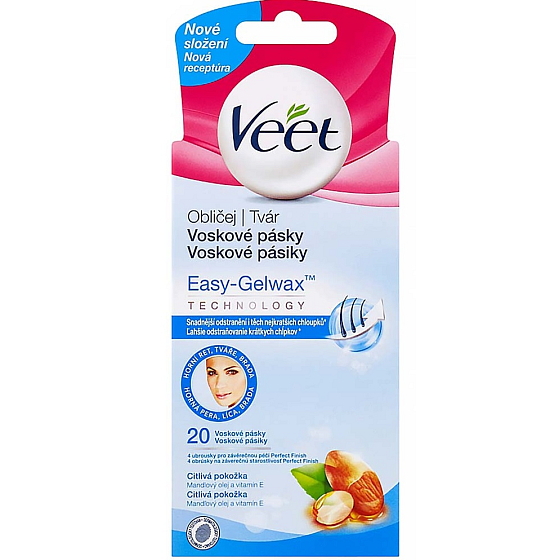 Veet Voskové pásiky s prúžkom na tvár 20 kusov + Perfect Finish obrúsky 4 kusy