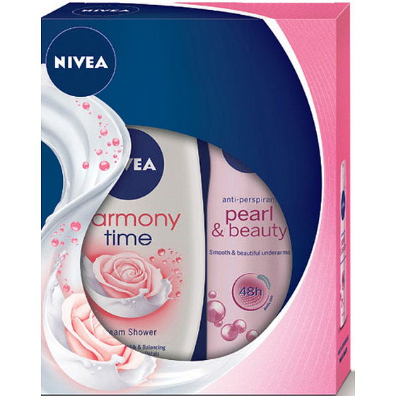 Nivea Pearl & Beauty antiperspirant sprej 150 ml + Harmony Time krémový sprchový gél 250 ml, pre ženy kozmetická sada