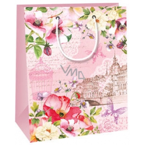 Ditipo Darčeková papierová taška 18 x 10 x 22,7 cm ružová, kvety