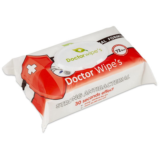 Doctor Wipes Antibacterial s obsahom chlorexidinu navlhčené antibakteriálne obrúsky s klipom 72 kusov