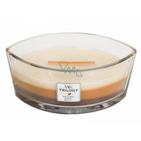 WoodWick Trilogy Cafe Sweets - Sladkosti ku káve vonná sviečka s dreveným širokým knôtom a viečkom loď 453 g