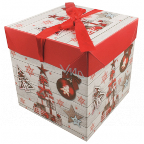 Darčeková krabička skladacia s mašľou Vianočné s darčekmi a ozdobami 21,5 x 21,5 x 21,5 cm