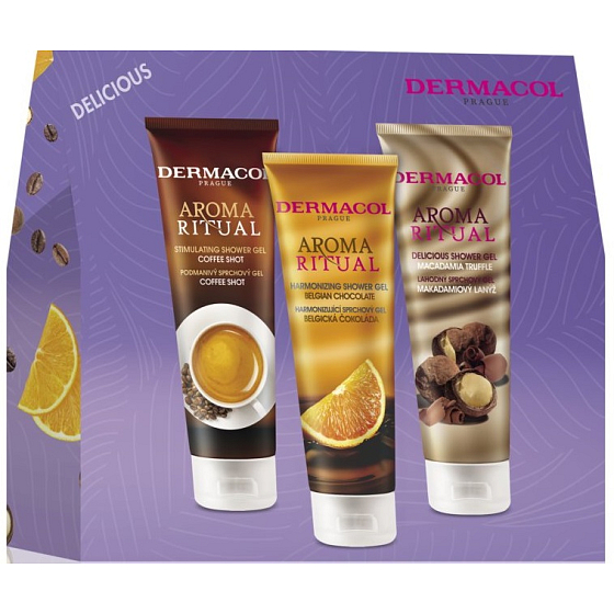 Dermacol Aroma Ritual Coffee Shot krémový sprchový gél 250 ml + belgická čokoláda harmonizujúci sprchový gél 250 ml + makadamový lanýžový sprchový gél 250 ml, kozmetická sada pre ženy