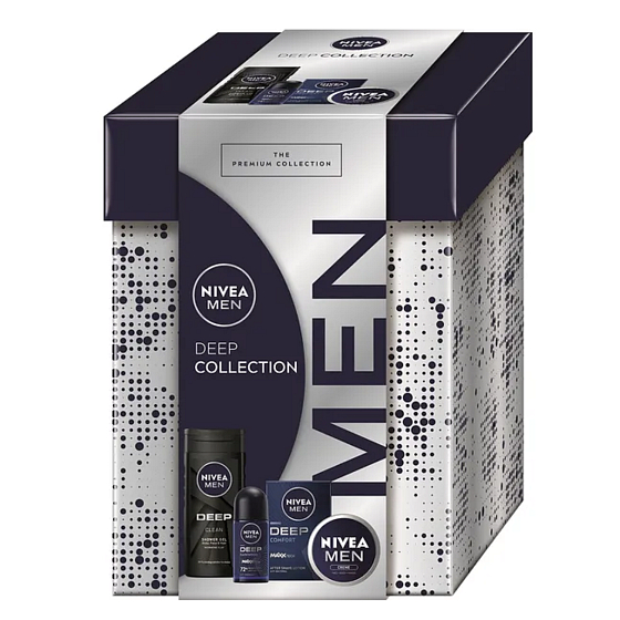 Nivea Men Deep Collection Comfort voda po holení 100 ml + Nivea Men Creme krém na obličej, telo a ruky 75 ml + Nivea Men Deep Darkwood antiperspirant roll-on 50 ml + Nivea Men Deep Clean sprchový gél 250 ml, kozmetická sada pre mužov
