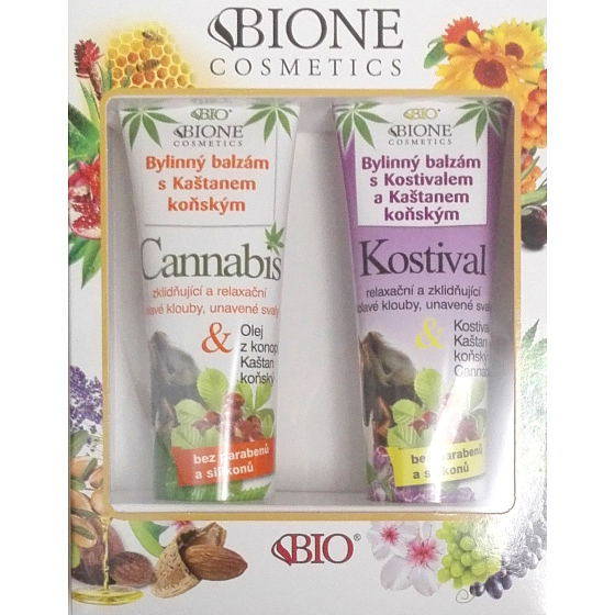 Bione Cosmetics Kostihoj & Gaštan konský bylinný balzam 300 ml + Cannabis bylinný balzam s gaštanom konským 300 ml, kozmetická sada