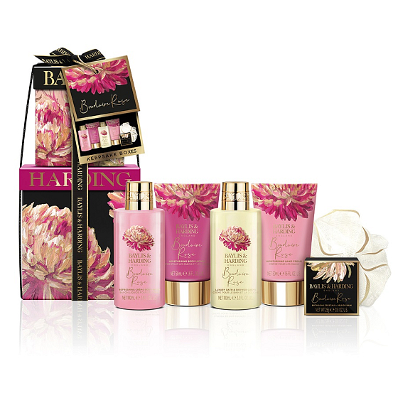 Baylis & Harding Mysterious Rose prací gél 100 ml + sprchový krém 100 ml + telové mlieko 50 ml + krém na ruky 50 ml + soľ do kúpeľa 25 g + umývacia hubka, kozmetická sada pre ženy