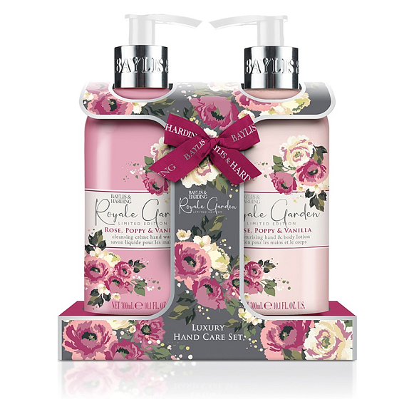 Baylis & Harding Ruža, mak a vanilka, dávkovač tekutého mydla 300 ml + mlieko na ruky a telo 300 ml, kozmetická sada pre ženy