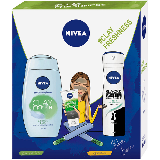 Nivea Clay Fresh Zázvor & Bazalka sprchový gél s ílom 250 ml + Black & White Fresh antiperspirant sprej pre ženy 150 ml + Urban Skin Detox 3v1 čistiaci krém 150 ml, kozmetická sada