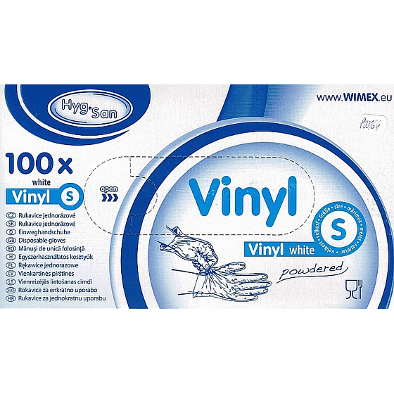 WIMEX Rukavice hygienické jednorázové vinylové púdrované biele, veľkosť S, box 100 kusov