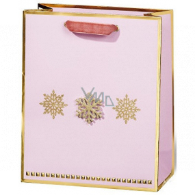 BSB Luxusná darčeková papierová taška 23 x 19 x 9 cm Vianočný ružová so zlatými vločkami VDT 447 A5