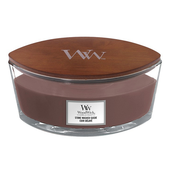 Woodwick Stone Washed Suede - sprané semiš vonná sviečka s dreveným širokým knôtom a viečkom sklo loď 453 g