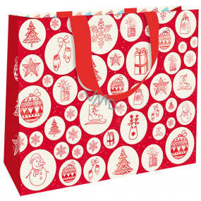 Nekupto Darčeková papierová taška s razbou 30 x 23 x 12 cm Vianočná červená s bielymi kolieskami