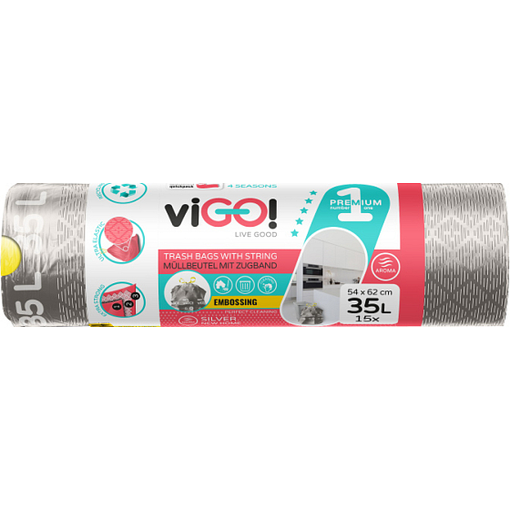 viGO! Premium vrecká na odpad zatahovacie, 26 µ, 54 × 62 cm, 35 l, 15 ks