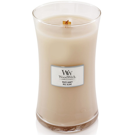 Woodwick White Honey - Biely med vonná sviečka s dreveným knôtom a viečkom sklo veľká 609,5 g