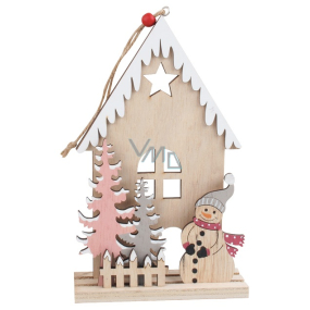 Drevený domček so snehuliakom na zavesenie 20 cm
