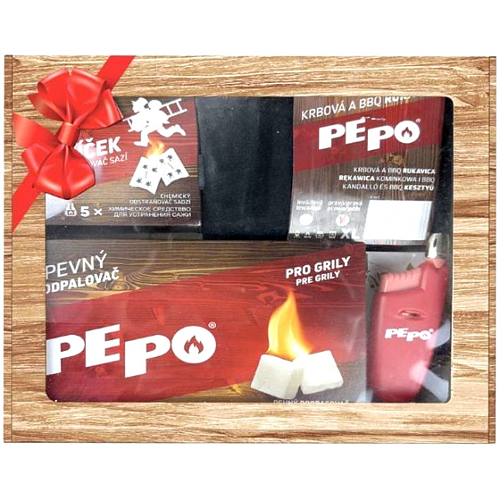 Pepo pevný podpalovač 40 podpalů + kominíček 5 kusů + dřevěný podpalovač 32 podpalů + teleskopický zapalovač 1 kus + zápalky 95 mm 1 kus + krbová a BBQ rukavice 1 kus, dárkové balení