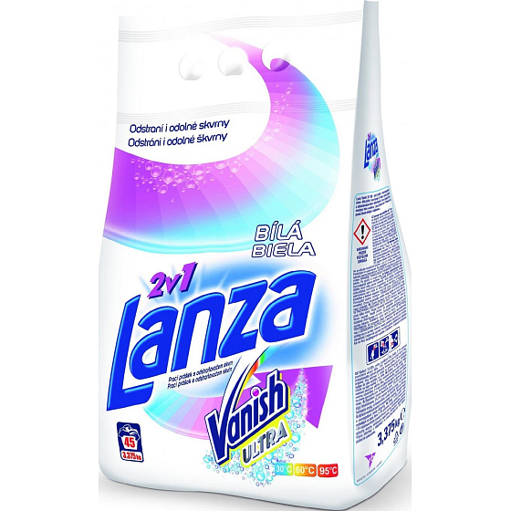 Lanza Vanish Ultra 2v1 Biela prací prášok s odstraňovačom škvŕn na bielu bielizeň 15 dávok 1,125 g