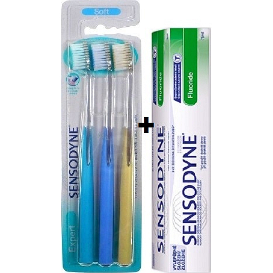 Sensodyne Expert Soft mäkká zubná kefka 3 kusy + Sensodyne Fluoride Zubná pasta 75 ml