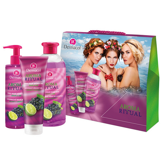 Dermacol Aroma Ritual Hrozno s limetkou Antistresový sprchový gél 250 ml + tekuté mydlo 250 ml + pena do kúpeľa 500 ml, kozmetická sada