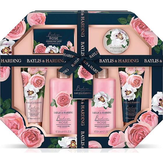 Baylis & Harding Čerstvé ruže sprchový gél 300 ml + pena do kúpeľa 300 ml + telové mlieko 130 ml + umývací gél 130 ml + toaletné mydlo 100 g + kúpeľové kryštáliky 100 g + žinka, kozmetická sada