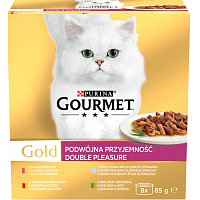 Purina Gourmet Gold pre mačky, hovädzie s kuraťom, králik s pečeňou, ryba so špenátom, kačica s moriakom, 8x85 g