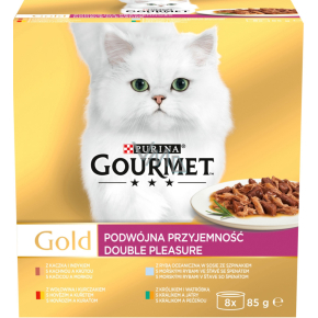 Purina Gourmet Gold pre mačky, hovädzie s kuraťom, králik s pečeňou, ryba so špenátom, kačica s moriakom, 8x85 g