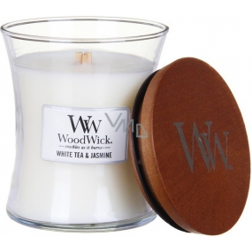 Woodwick White Tea & Jasmine - Biely čaj a Jazmín vonná sviečka s dreveným knôtom a viečkom sklo stredná 275 g