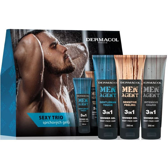 Dermacol Men Agent Sexy Trio Gentleman Touch 3v1 sprchový gel 250 ml + Sensitive Feeling 3v1 sprchový gel 250 ml + Intensive Charm 3v1 sprchový gél 250 ml, kozmetická sada