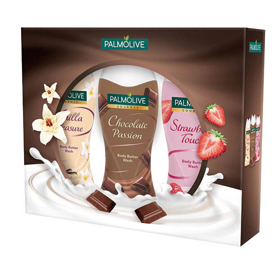 Palmolive Gourmet Triple Gourmet Strawberry Touch sprchový gél 250 ml + Gourmet Chocolate Passion sprchový gél 250 ml + Gourmet Vanilla Pleasure sprchový gél 250 ml, kozmetická sada