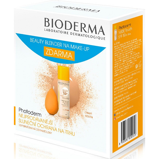 Bioderma Photoderm Nude Touch SPF 50 tónovaný fluid Tmavý odtieň 40 ml + Beauty Blender hubka na make-up, kozmetická sada