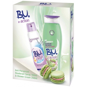 B.U. In Action Sensitive antiperspiračný dezodorant v spreji pre ženy 150 ml + In Action Pistachio Macaron sprchový gél 250 ml, kozmetická sada