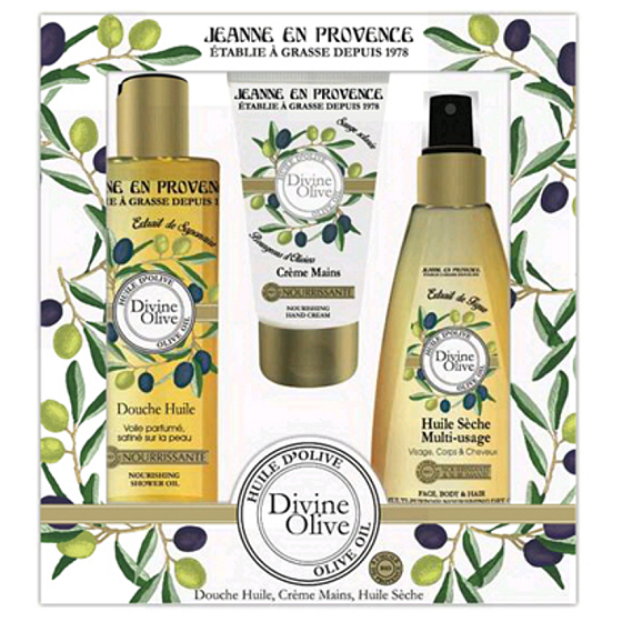 Jeanne en Provence Divine Olive sprchový olej 250 ml + krém na ruky 75 ml + vyživujúci olej na telo, tvár a vlasy 150 ml, kozmetická sada