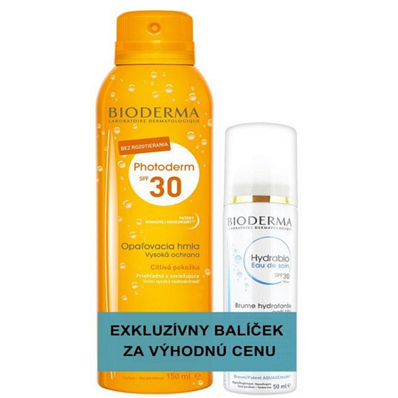 Bioderma Photoderm SPF30 opaľovací hmla 150 ml + Hydrabio Eau De Soin SPF30 hydratačný hmla pre citlivú a dehydratovanú pleť 50 ml, duopack