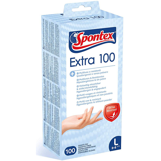 Spontex Extra 100 Rukavice jednorazové, hypoalergénne, bez púdru, vinylové, veľkosť L, box 100 kusov