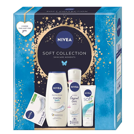 Nivea Soft Collection Soft krém v tube 75 ml + Nivea Creme Soft sprchový gél 250 ml + Nivea Original Care antiperspirant sprej 150 ml + Nivea Creme Soft krémové toaletné mydlo 100 ml, kozmetická sada
