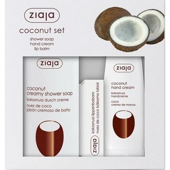 Ziaja Kokos sprchový gél 500 ml + krém na ruky 80 ml + balzam na pery 10 ml, kozmetická sada