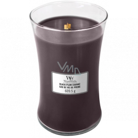 WoodWick Black Plum Cognac vonná sviečka s dreveným knôtom a skleneným viečkom veľká 609 g