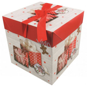 Darčeková krabička skladacia s mašľou Vianočné s darčekmi a perníčky 21,5 x 21,5 x 21,5 cm