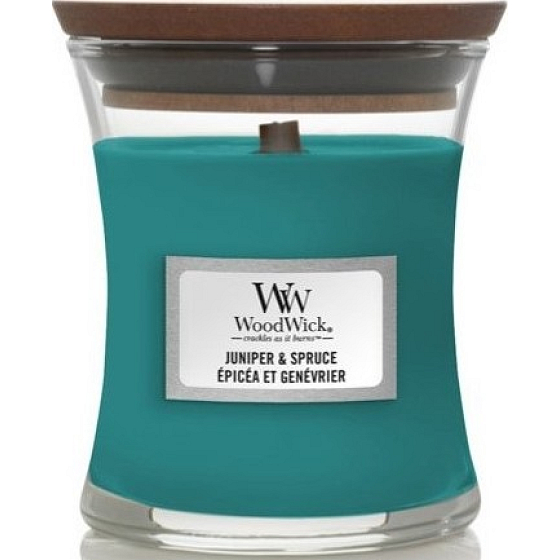 WoodWick Jalovec a smrek vonná sviečka s dreveným knôtom a skleneným viečkom malá 85 g