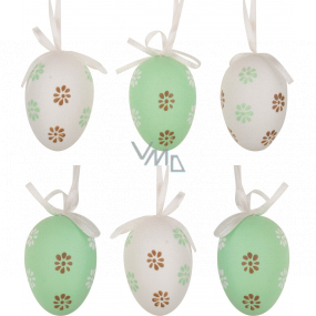 Plastové vajíčka na zavesenie zelené a biele s kvetmi 6 cm 6 kusov vo vrecku