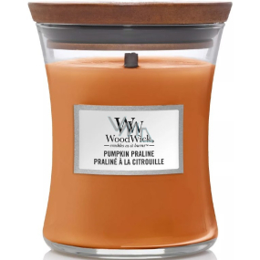 WoodWick Pumpkin Praline - Sviečka s vôňou tekvicovej pochúťky s dreveným knôtom a skleneným viečkom stredná 275 g