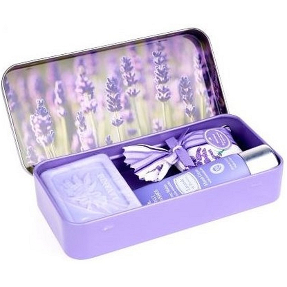 Esprit Provence Levanduľové toaletné mydlo 60 g + vonné vrecúško + krém na ruky 30 ml + plechová škatuľka s obrázkom levanduľového poľa, kozmetická sada pre ženy