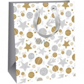 Ditipo Darčeková papierová taška 26,4 x 13,6 x 32,7 cm Glitter Vianočná biela - strieborné a zlaté kolieska a hviezdičky
