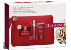 Clarins Super Restorative denný krém pre všetky typy pleti 50 ml + nočný krém pre všetky typy pleti 50 ml + aktívne sérum na vyhladenie kontúr tváre 10 ml + kozmetická taštička, kozmetická sada pre ženy