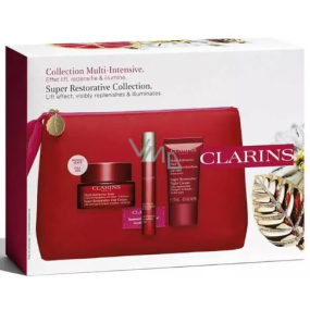 Clarins Super Restorative denný krém pre všetky typy pleti 50 ml + nočný krém pre všetky typy pleti 50 ml + aktívne sérum na vyhladenie kontúr tváre 10 ml + kozmetická taštička, kozmetická sada pre ženy