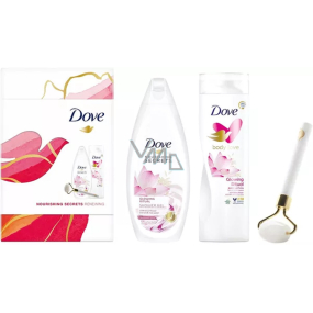 Dove Nourishing Secrets Brightening Ritual Sprchový gél s lotosovým kvetom a ryžovou vodou 250 ml + telové mlieko 250 ml + masážny valček na tvár, kozmetická sada pre ženy