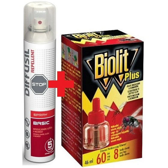Diffusil Repellent Basic repelent na odpudzovanie komárov, kliešťov a mušiek sprej 200 ml + Biolit Plus Tekutá náhradná náplň proti komárom a muchám 60 dní 46 ml