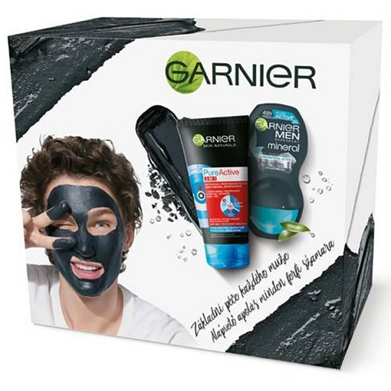 Garnier Skin Naturals Pure Active 3v1 aktívne uhlie proti čiernym bodkám 150 ml + Men Pure Active guličkový antiperspirant dezodorant roll-on pre mužov 50 ml, kozmetická sada